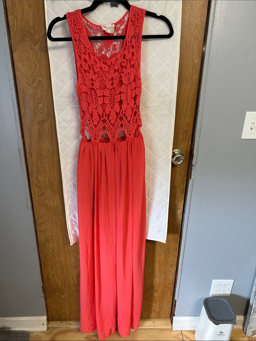 Sleeveless Crochet Bodice Maxi Dress in Coral